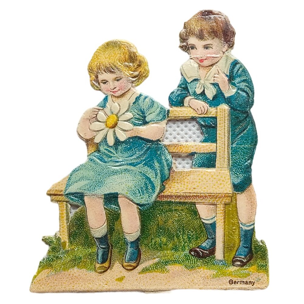 Vintage Victorian Die Cut, Children on Bench with Flower, Germany